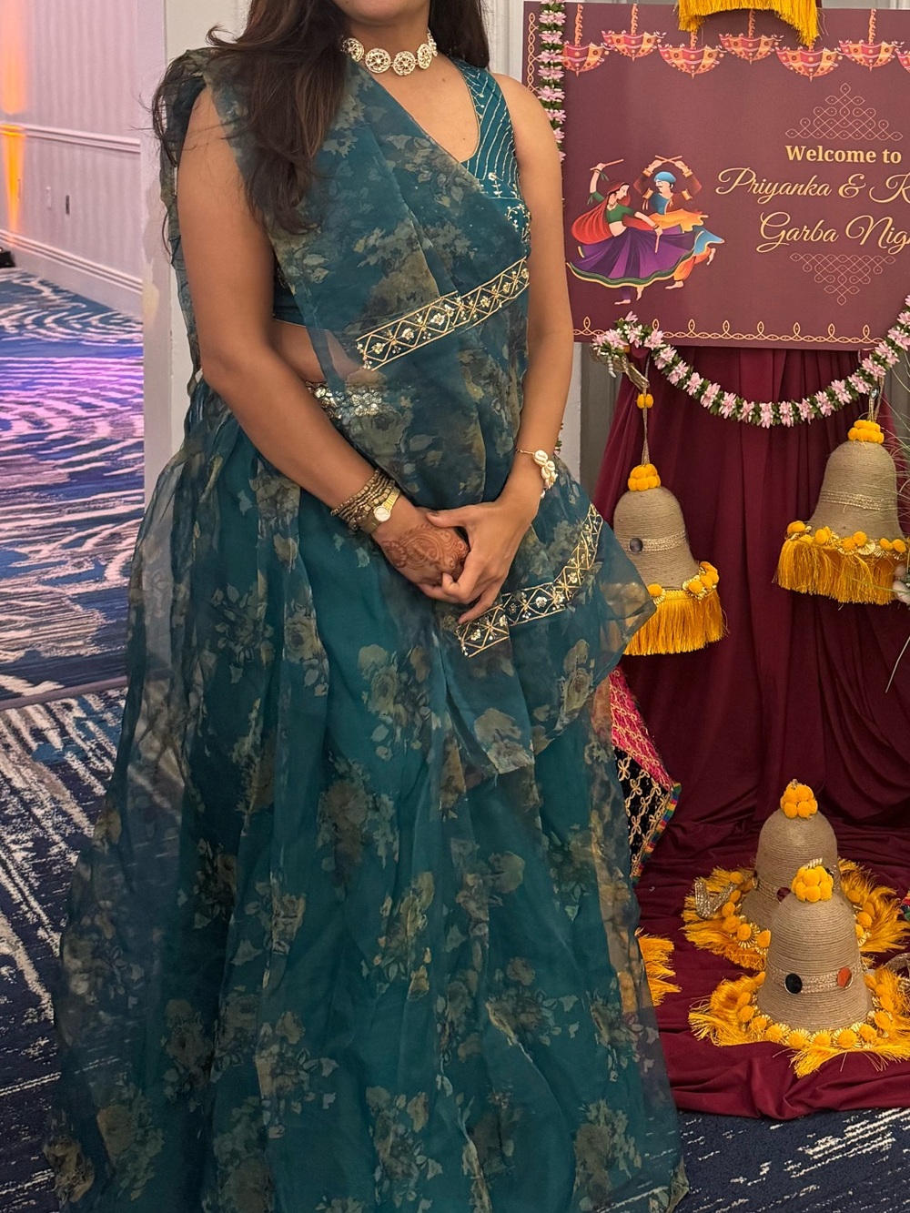 Teal Floral Embellished Sari Dress - Unbranded